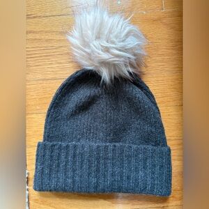 Gray Knit Beanie with Cream Pom-Pom